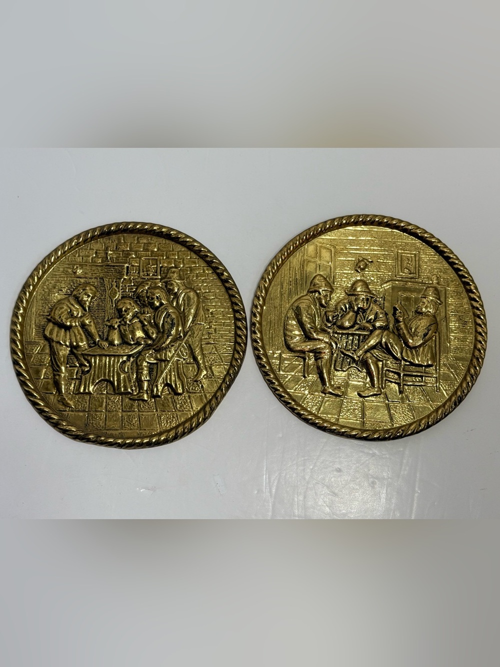 Vintage Peerage England Brass Wall Hanging Embossed Tavern Scene Plates Set Of 2